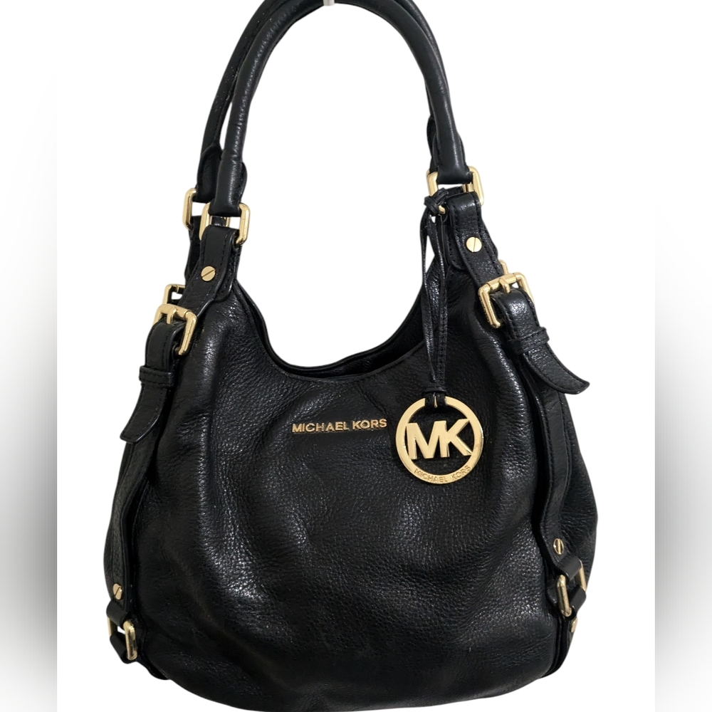 Michael Kors Black Leather Shoulder Bag with Gold Accents
